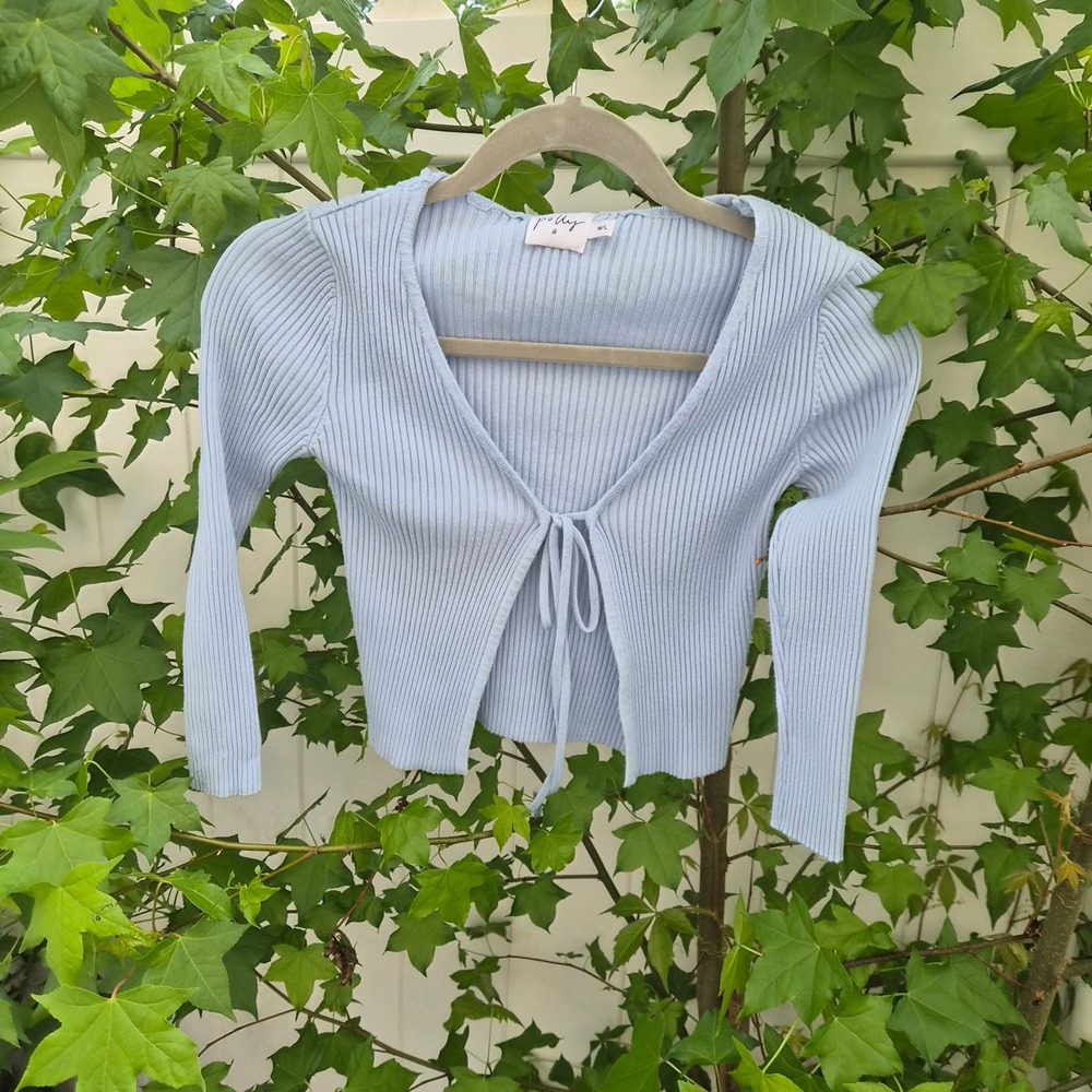 Princess Polly Light Blue Ribbed Knit Front Tie Cropped Cardigan M/L Coquette